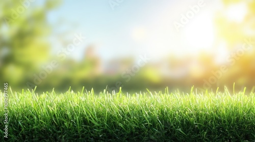 Close-Up View of Lush Green Grass with Soft Focus Background and Beautiful Natural Light Illuminating a Tranquil Outdoor Environment in a Sunny Day
