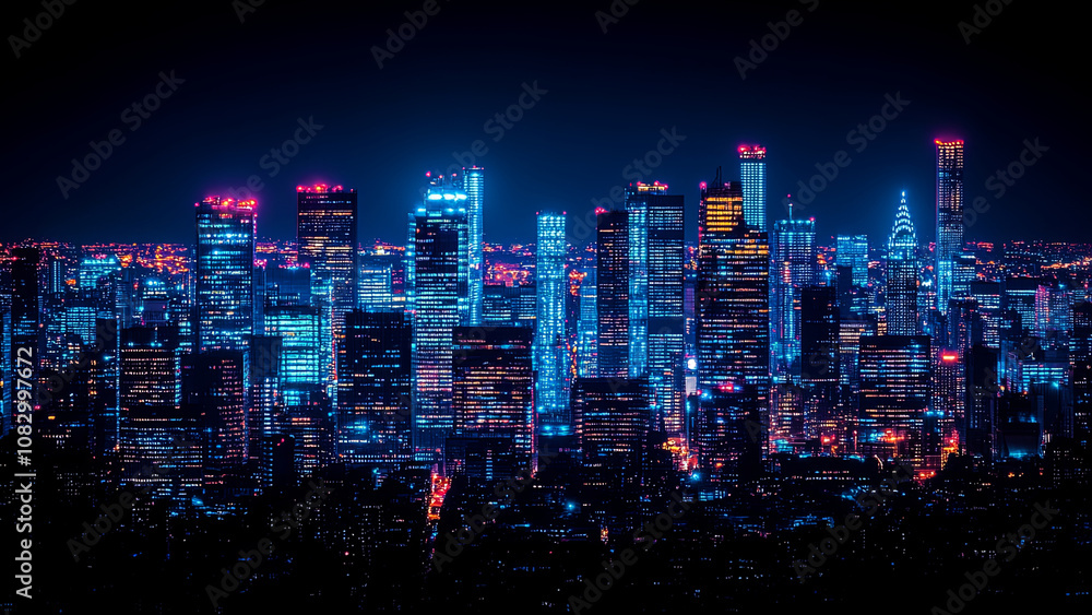 Fototapeta premium A Vibrant Skyline Illuminated at Night Showcasing Modern Buildings and City Lights From a High Viewpoint