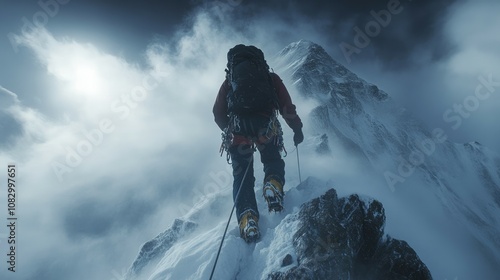 Climber trying to reach the top of the mountain in harsh winter conditions	