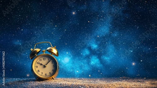 Golden alarm clock against a blue starry night sky background photo