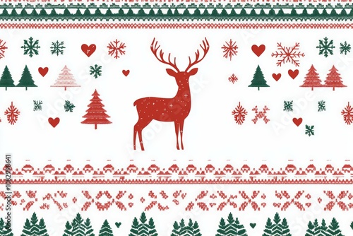 A seamless pattern of Christmas sweater design with red, green, and white colors, a knitted texture, and an illustration style