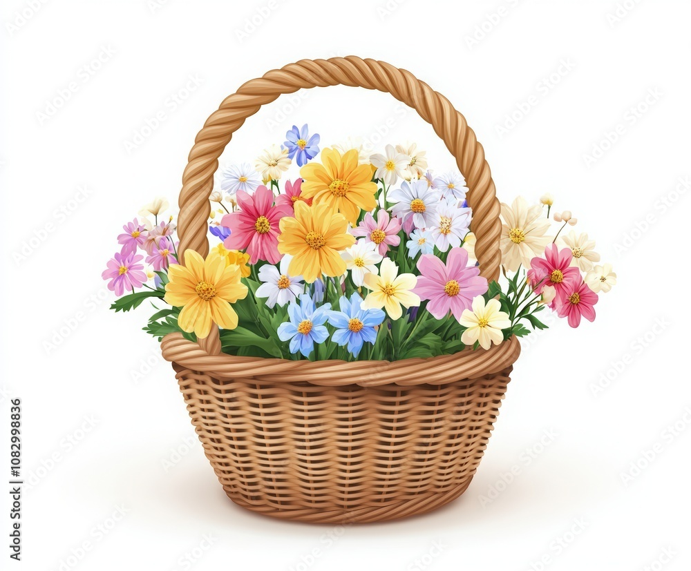 Obraz premium Flower Basket Day. A basket of spring flowers. A bouquet includes yellow daisies with pink petals, blue gerbera daisies, green grasses, and small pearls.