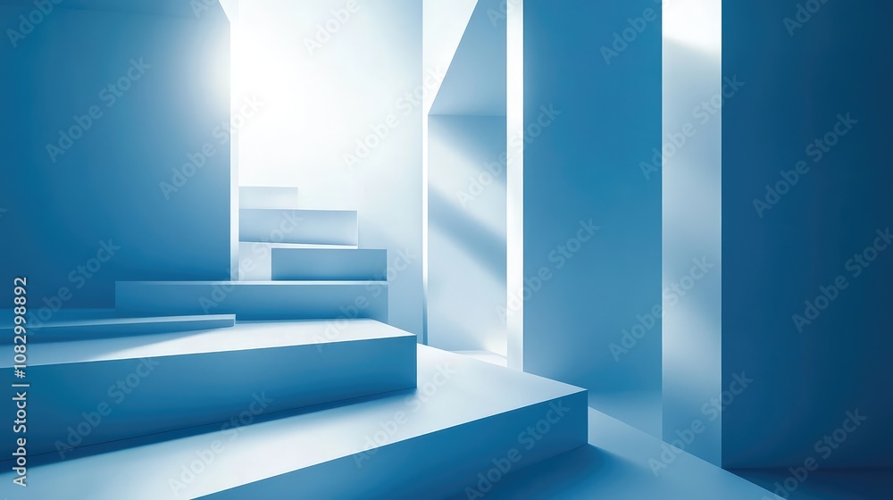 Obraz premium Modern Minimalist Architecture Featuring Abstract Blue Steps and Geometric Shapes Illuminated by Bright Natural Light in an Open Space