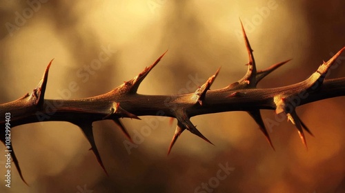 Thorns growing on a branch in warm sunlight photo