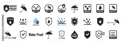 Waterproof icon set. Water Proof. Water protection, liquid proof protection. Shield with water drop. Anti wetting material, hydrophobic fabric, surface protection. Water resistant symbol. Vector