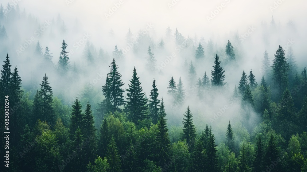 Fototapeta premium Dense Evergreen Forest Embraced by Ethereal Mist in a Serene Atmosphere, Capturing the Beauty of Nature's Tranquility and Colors in the Wilderness