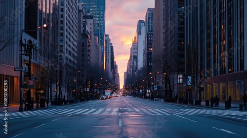 Serene Urban Landscape During Dawn in a Bustling City, Showcasing Skyscrapers Illuminated by the Soft Glow of Sunrise Along a Quiet Street