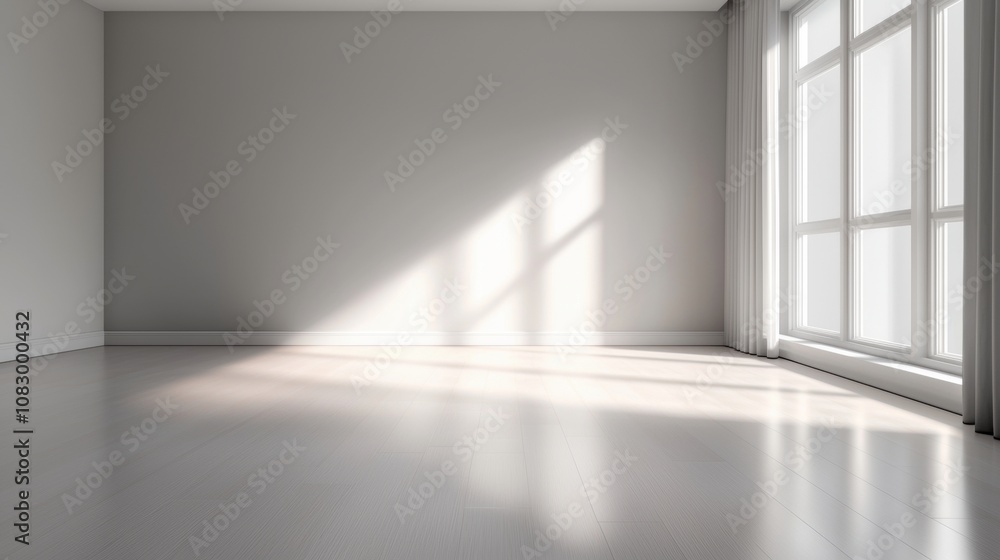 Fototapeta premium A large, empty room with a window and white curtains