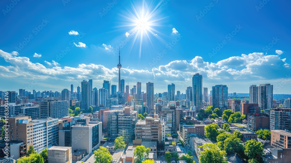 Fototapeta premium Beautiful Panoramic View of Toronto City Skyline with Bright Sunlight, Modern Architecture, and Vibrant Blue Sky on a Clear Day