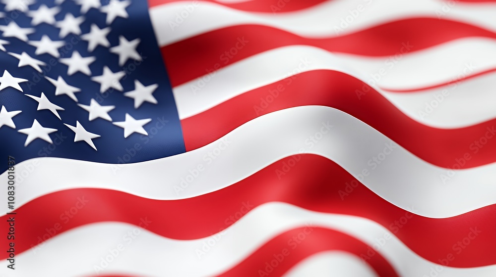Fototapeta premium Close-up of waving American flag with red and white stripes and blue field of stars.