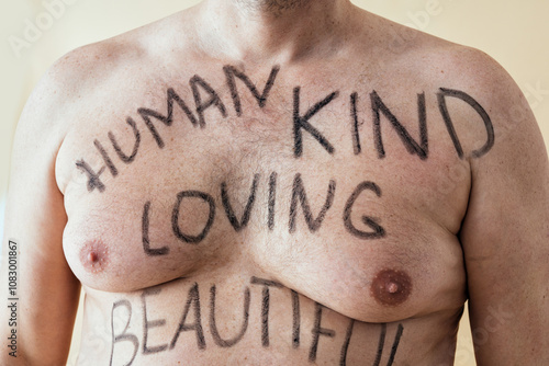 man posing for a male edition body positive beauty set. Shirtless guy wearing boxers underwear in studio photo