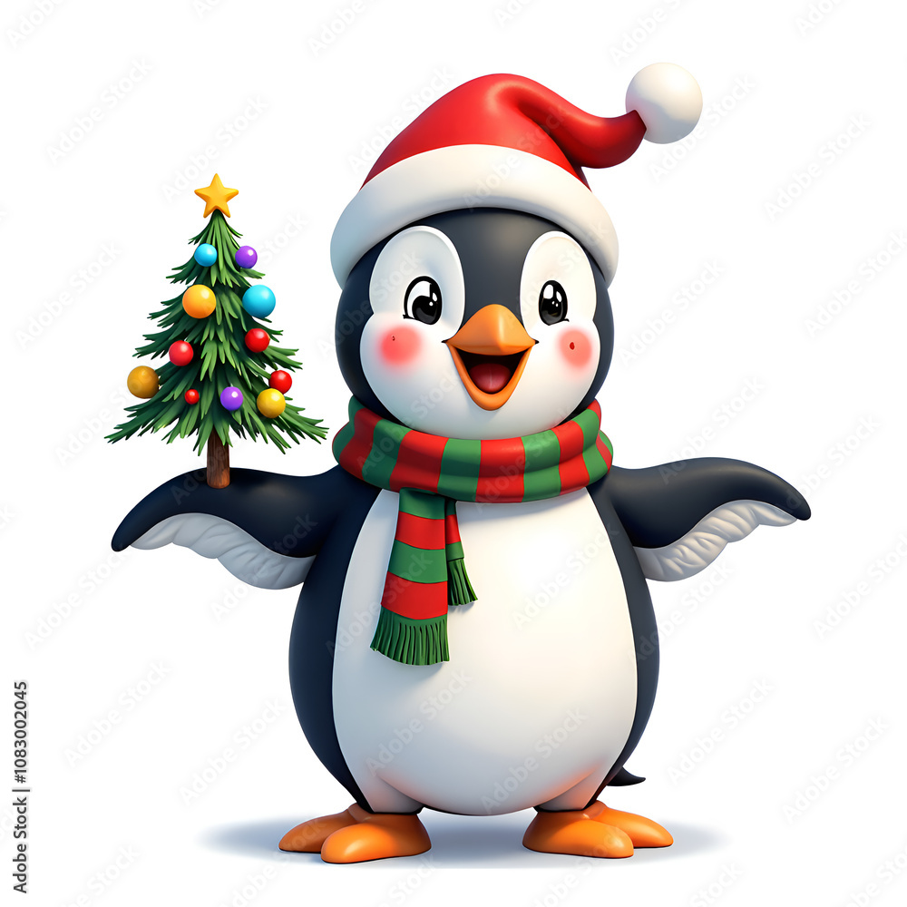 Fototapeta premium A cute penguin in a santa hat and scarf holding a mini christmas tree, 3d rendering of character design concept.