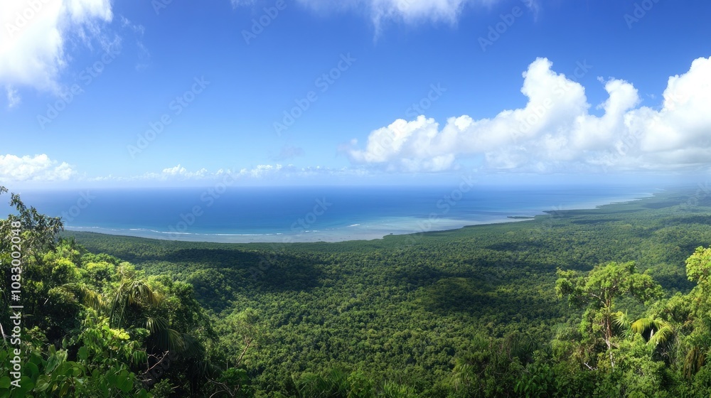 Fototapeta premium Breathtaking Panoramic View of Lush Green Wilderness Overlooking the Azure Ocean under a Bright Blue Sky with Fluffy White Clouds on a Sunny Day