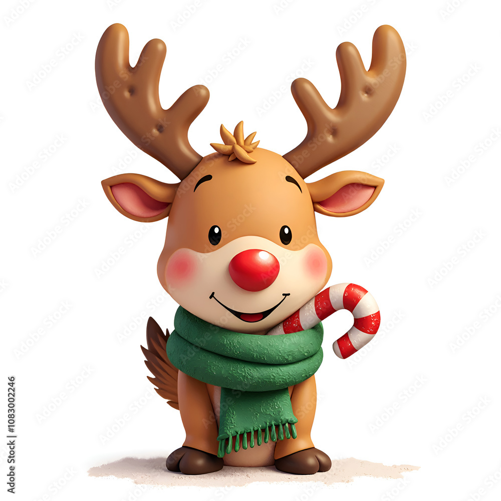 Fototapeta premium Adorable cartoon reindeer with a candy cane, wearing a green scarf for festive cheer and holiday spirit, digital art of character design concept.