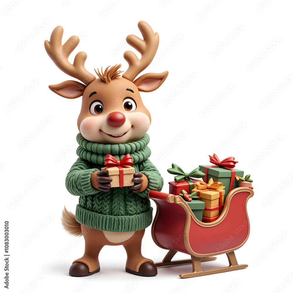 Obraz premium Adorable animated reindeer holding a gift in a cozy sweater beside a sleigh full of colorful presents, 3d render of character design concept.