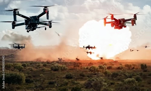 Military drones flying over a battlefield with explosions, showcasing modern warfare and drone technology.
