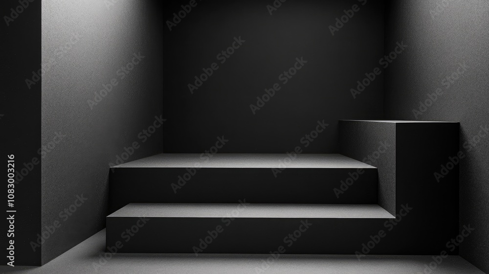Obraz premium Minimalist Black Interior Space with Geometric Steps and Soft Lighting Creating a Modern and Elegant Atmosphere for Artistic and Creative Projects