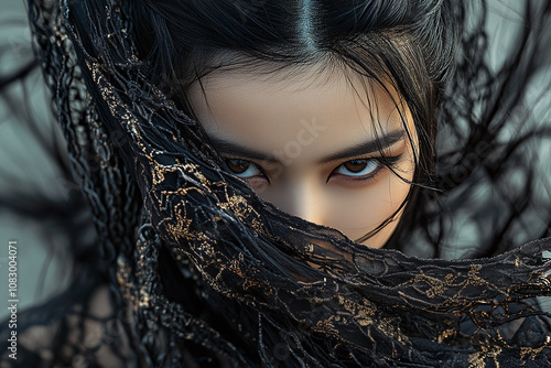 A ninja girl with flowing hair, intricate chain designs. photo