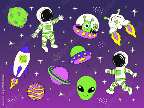 Astronauts and Alien in space cartoon vector illustration. Space travel and exploration.