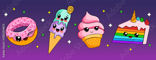 cute food characters.colorful kawaii sweets