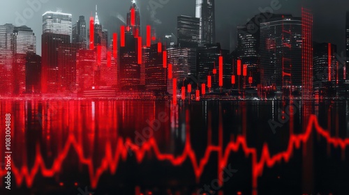 Real estate market and commercial property crisis concept with red falling graph and city on background, double exposure indicating a downfall market environment. photo