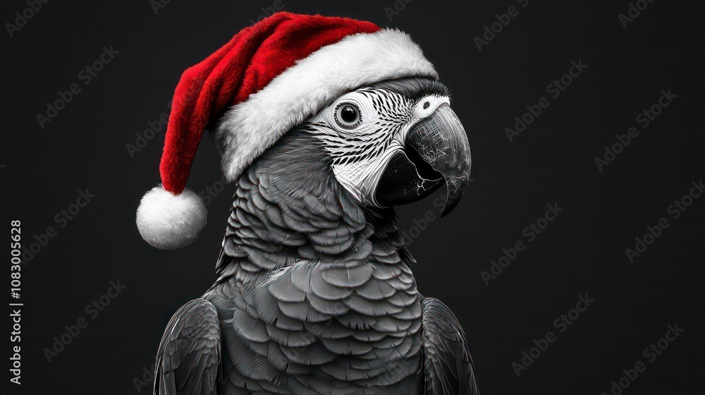 Fototapeta premium ra parrot wearing a Santa hat in black and white illustration. Concept of holiday cheer, exotic wildlife, and festive art