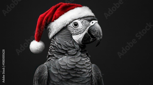 ra parrot wearing a Santa hat in black and white illustration. Concept of holiday cheer, exotic wildlife, and festive art photo