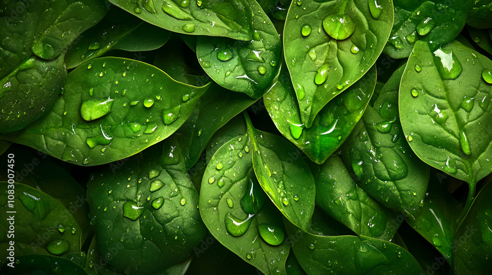 Fototapeta premium Background from fresh green spinach leaves with water drops. Texture of raw organic baby spinach close up. Food background