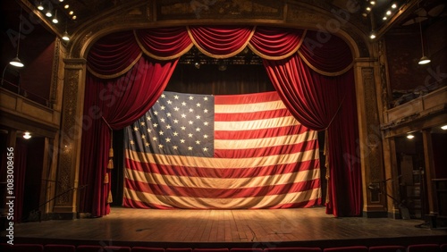 A red curtain is drawn across the stage of a theater