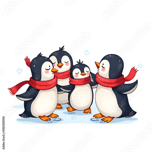 Cheerful penguins in scarves singing together in a winter wonderland scene, digital illustration of character design concept. photo