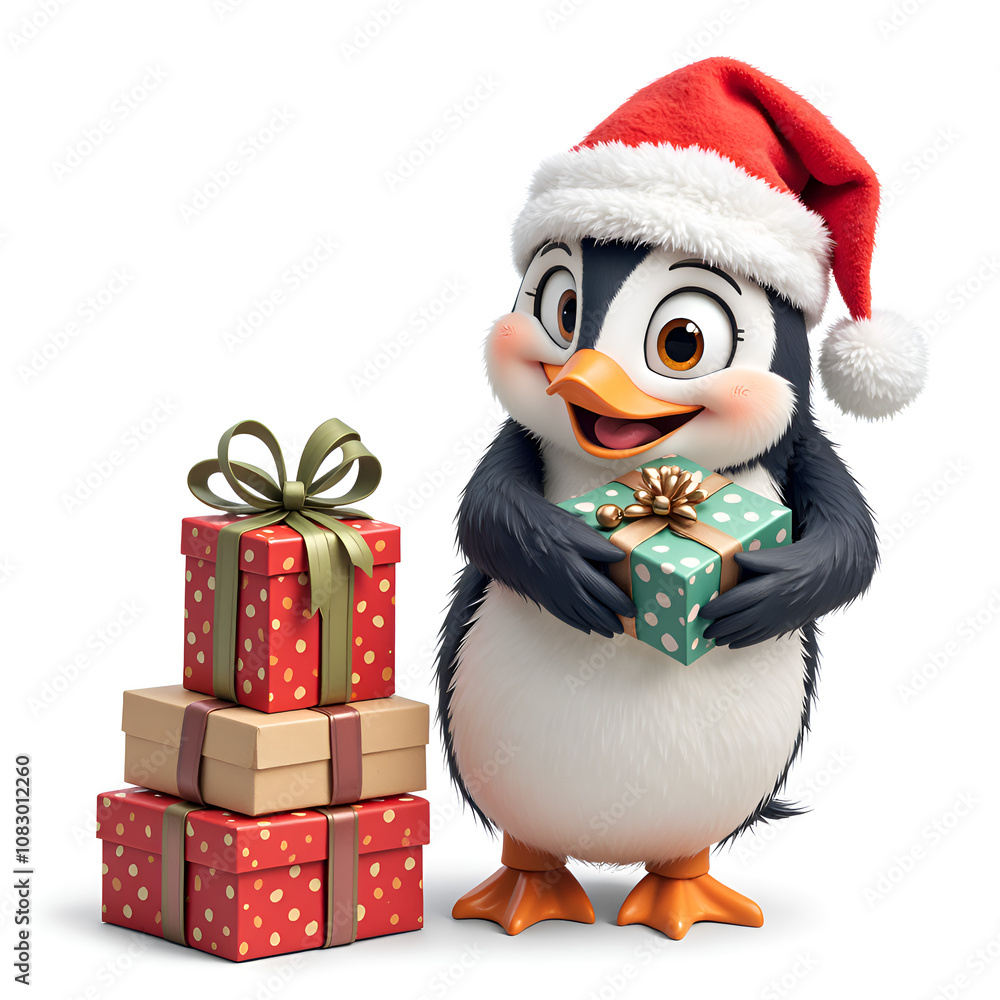 Fototapeta premium Delightful penguin in santa hat holding a gift surrounded by colorful presents for a festive holiday theme, digital illustration of character design concept.