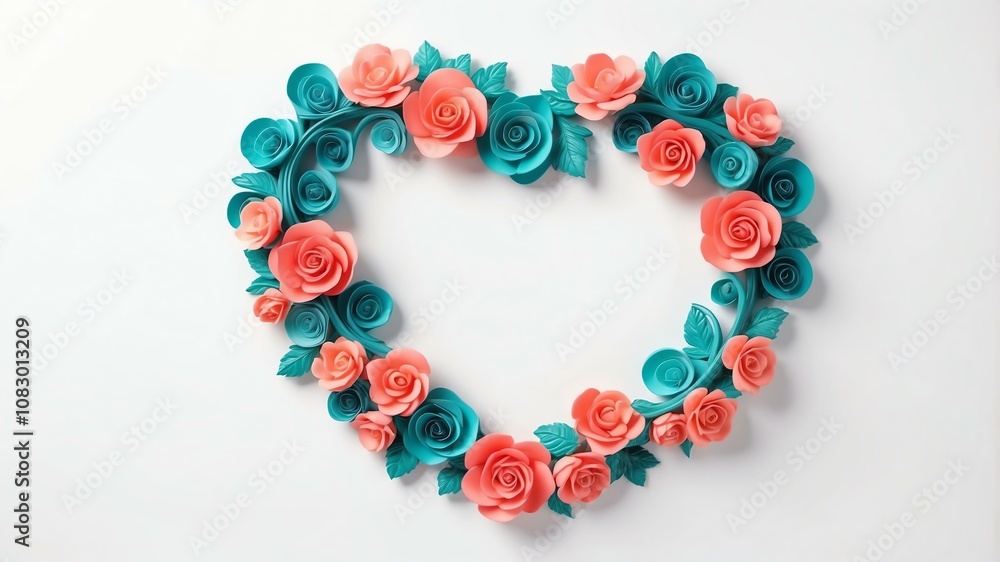 Obraz premium Cute teal and coral swirls with heart border frame on white background