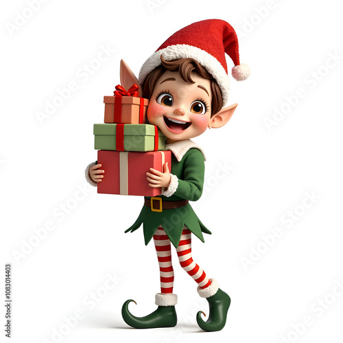 Cheerful christmas elf with gifts celebrating the holiday spirit in a festive setting, digital art of character design concept.