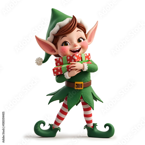 Cheerful christmas elf hugging presents with a bright smile and festive outfit, 3d rendering of character design concept.