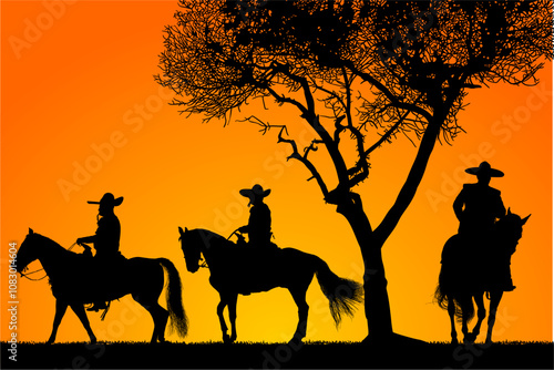 vaqueros, caballos, toro, cuernos, arbol, pony, cabalgata, cambo, arbol, ramas, vector, contraluz, atardecer, charros, mexico, jalisco