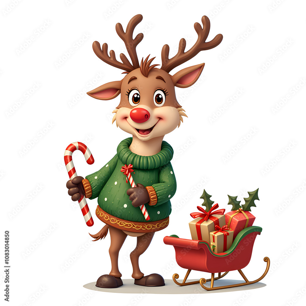 Naklejka premium Cheerful reindeer in a festive sweater holding a candy cane beside a sleigh with christmas gifts, digital art of character design concept.