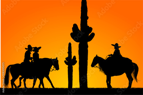 vaqueros, caballos, toro, cuernos, arbol, pony, cabalgata, cambo, arbol, ramas, vector, contraluz, atardecer, charros, mexico, jalisco