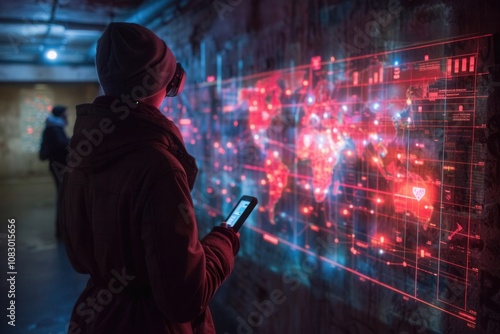 Military Commanders Strategize in a Fortified Bunker Surrounded by Digital Maps of Real-Time Troop Movements and Missile Attacks in a Tense Atmosphere photo