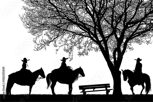 vaqueros, caballo, toro, cuernos, arbol, pony, cabalgata, cambo, arbol, ramas, vector, contraluz, atardecer