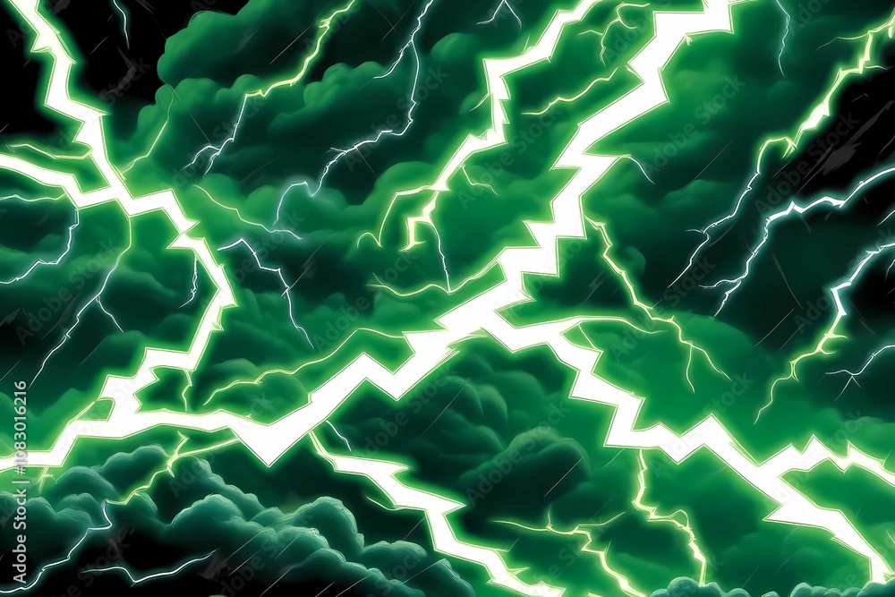 Obraz premium Dynamic green lightning strikes through dark storm clouds with intense flash effects.AI