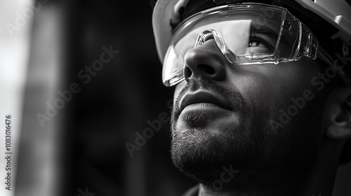 Close-up portrait of a construction worker wearing safety glasses and a hard hat, looking up thoughtfully.
