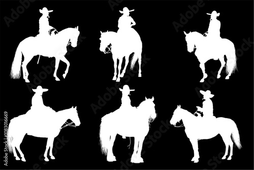 vaqueros, caballos, toro, cuernos, arbol, pony, cabalgata, cambo, arbol, ramas, vector, contraluz, atardecer, charros, mexico, jalisco