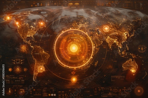 Global Impact of Regional Conflict Illustrated Through a Stylized Map Showcasing Shockwave Effects and Military Symbols Radiating Outward