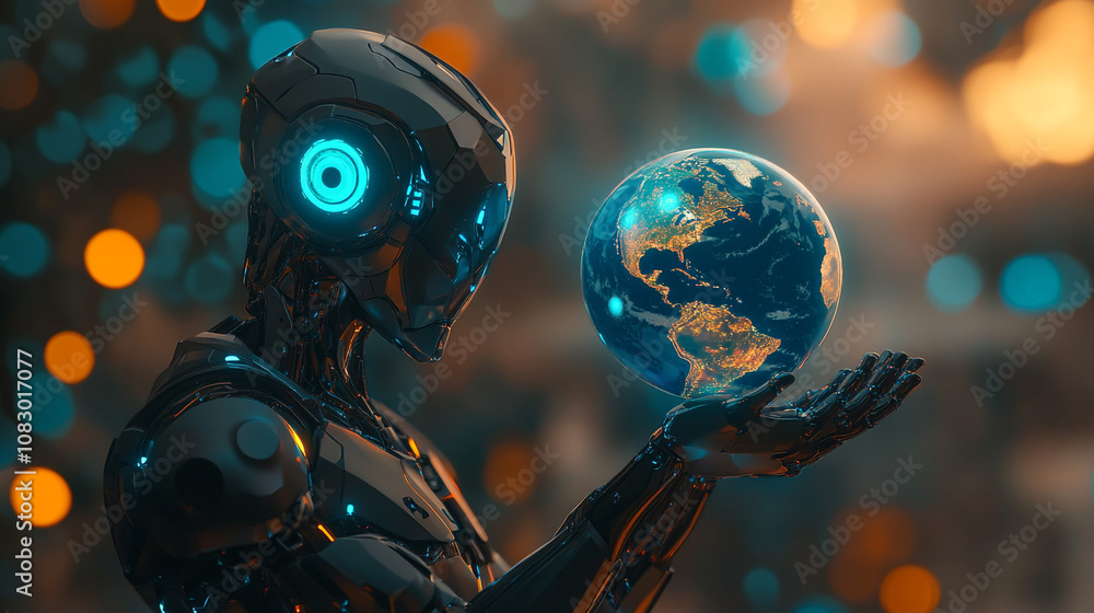 Fototapeta premium Futuristic Robot Holding Earth Technology Global Sustainability Future
