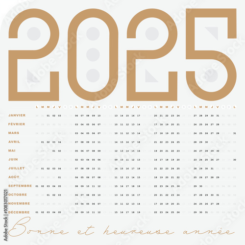 Carte Calendrier 2025, avec Dates Horizontales