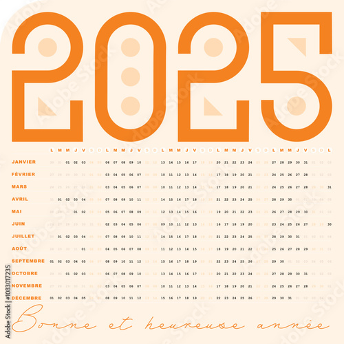 Calendrier 2025, couleur orange avec Dates Horizontales