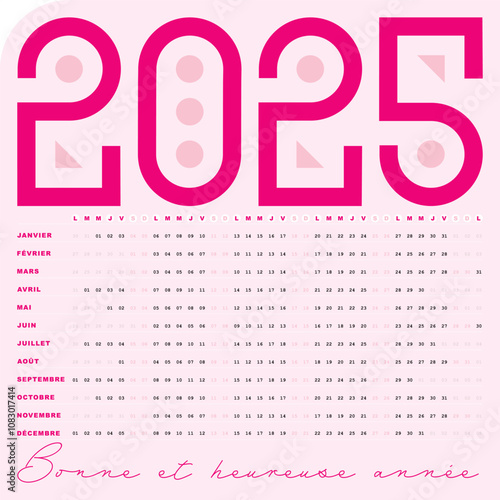 Calendrier 2025 rose, Design creatif et Minimaliste avec Dates Horizontales