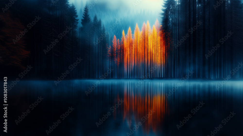Fototapeta premium Abstract enchanted forest where the trees are reflecting a rainbow of colors from a radiant sky