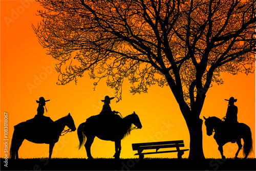 vaqueros, caballos, toro, cuernos, arbol, pony, cabalgata, cambo, arbol, ramas, vector, contraluz, atardecer, charros, mexico, jalisco