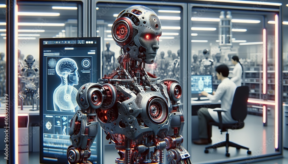 Fototapeta premium A futuristic robot stands in a high-tech laboratory, surrounded by screens and machines.